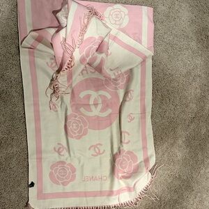 CHANEL Pink & Cream CC Camellia Logo Scarf